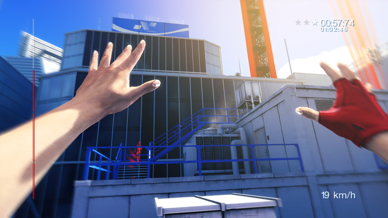 Screenshot of Mirror’s Edge, a first person POV parkour video game