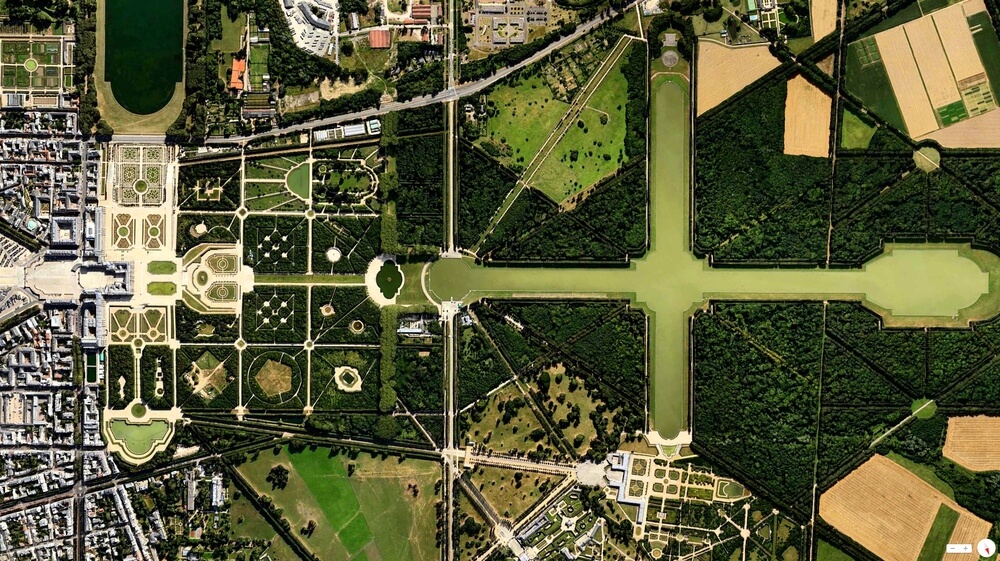 Aerial view of The Gardens of Versailles in France